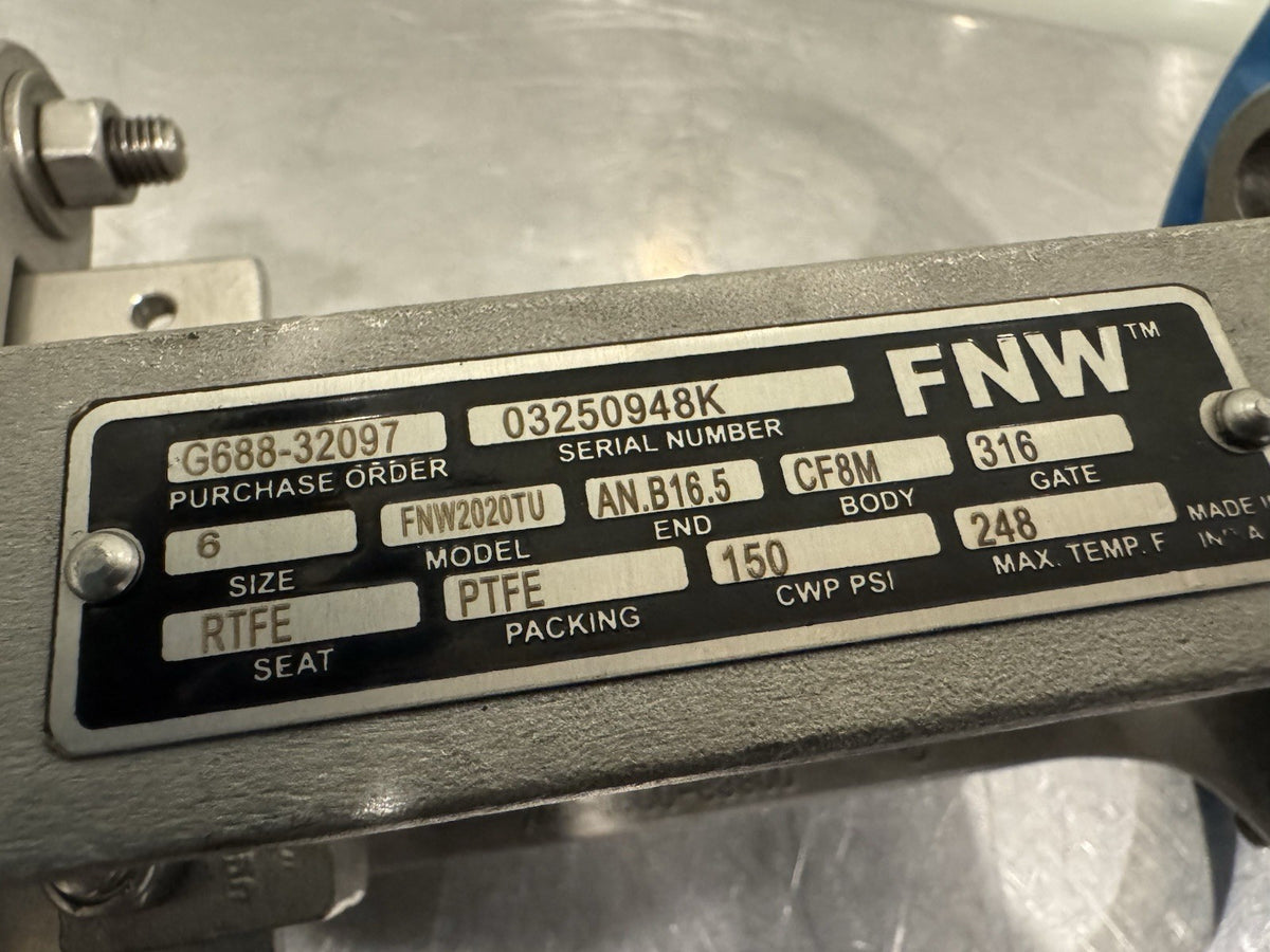 FNW 2020TU 6" Slide Gate Knife Valve CF8M Body 316 Gate RTFE Seat PTFE Packing