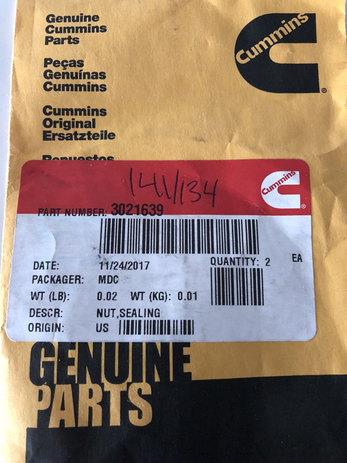 Cummins 3021639 Sealing Nut NEW!! FREE SHIPPING!!