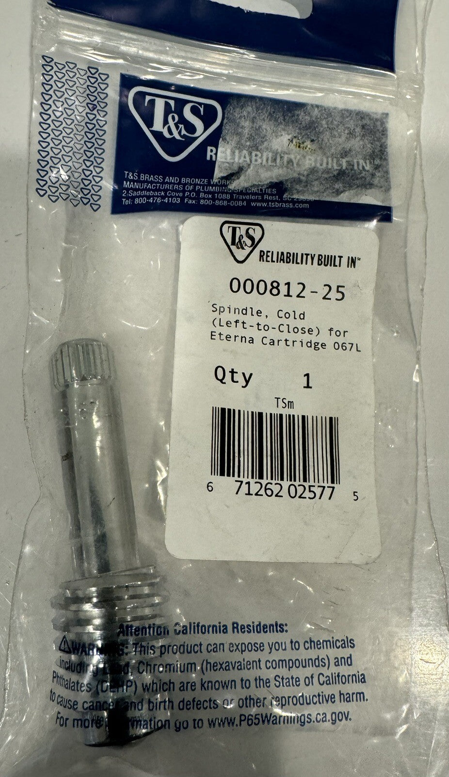 T&S 000812-25 Cold Spindle Stem Left To Close Externa Cartridge NEW!