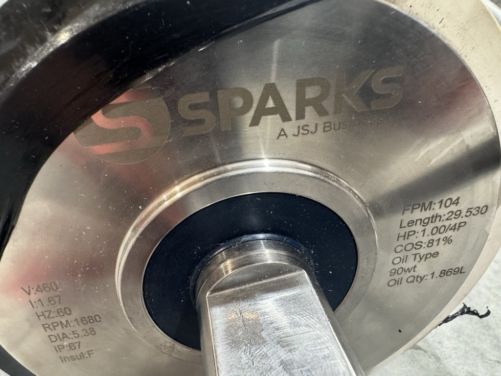 Sparks Conveyor Roller 460V 1.00/4P HP 1680 RPM Length 29.530 104 FPM NEW!