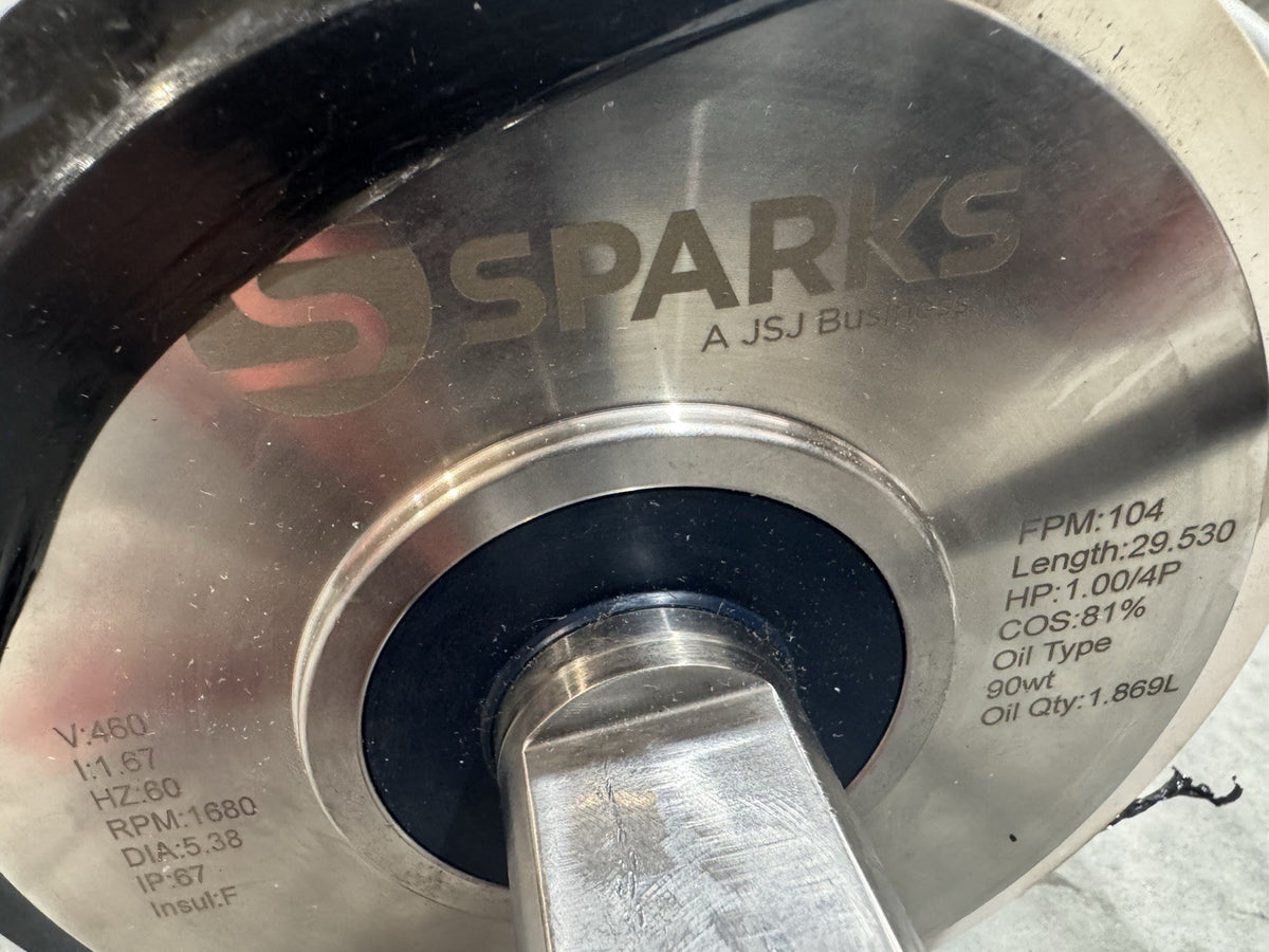 Sparks Conveyor Roller 460V 1.00/4P HP 1680 RPM Length 29.530 104 FPM NEW!