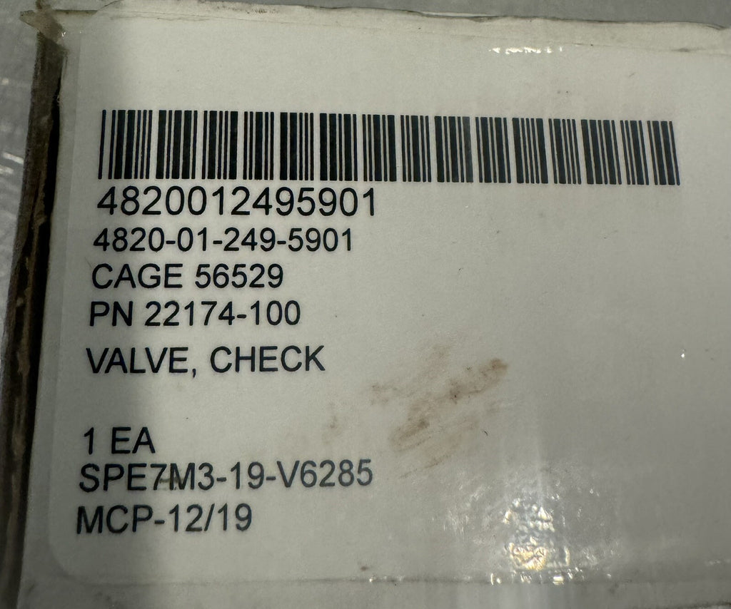 22174-100 Check Valve ASSY 4820-01-249-5901 NEW IN BOX! FREE SHIPPING!