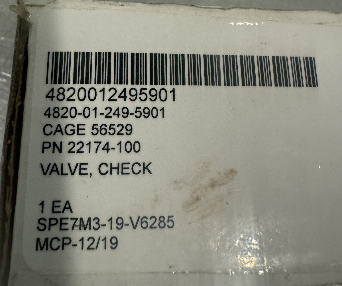 22174-100 Check Valve ASSY 4820-01-249-5901 NEW IN BOX! FREE SHIPPING!