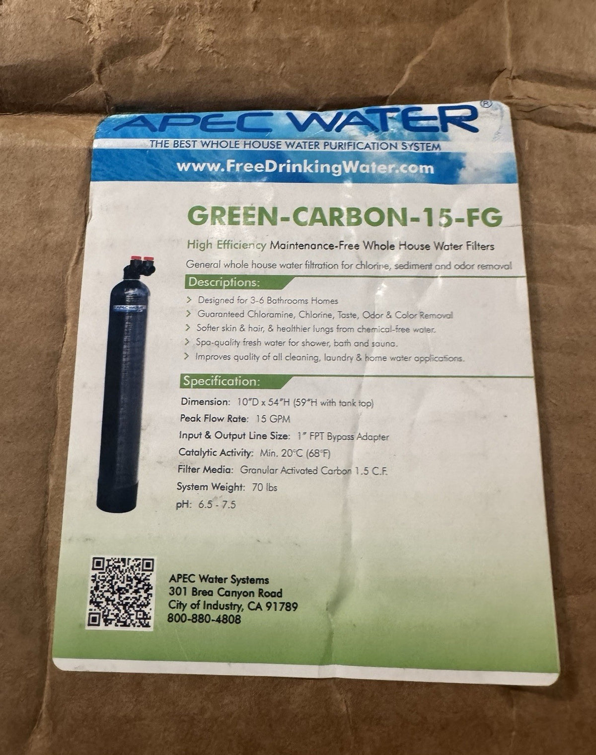 Apec Water Green-Carbon-15-FG Whole House Water Filter TANK-1054 NEW IN BOX!