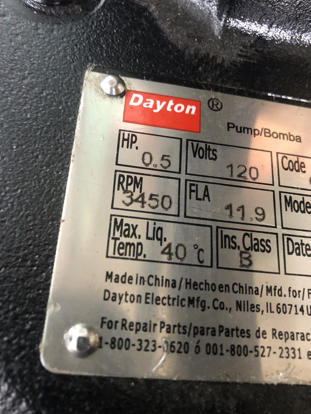 Dayton 3BB83 Effluent Pump 120V AC 0.5HP 3450 RPM Intermittent Duty NEW!
