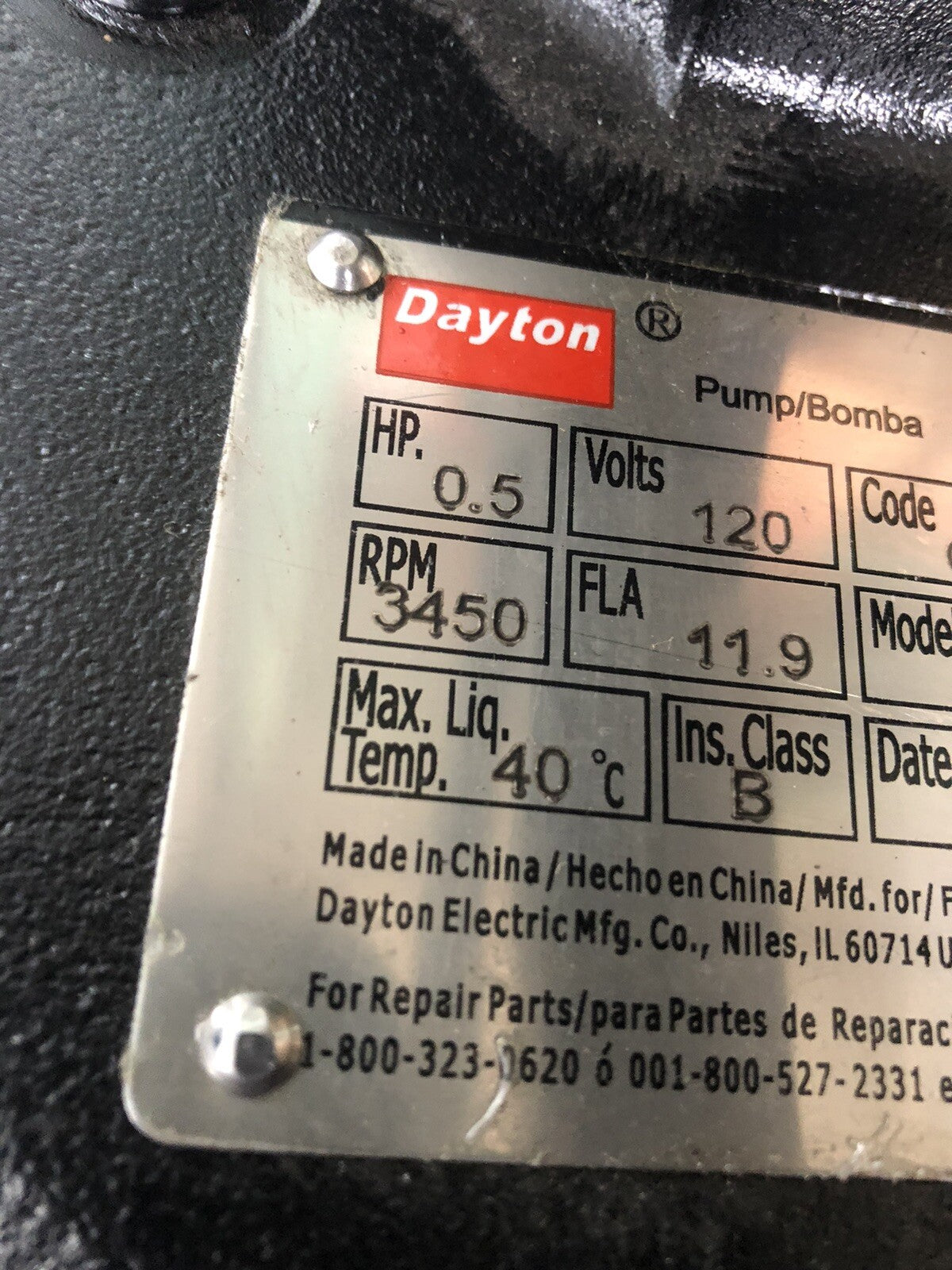 Dayton 3BB83 Effluent Pump 120V AC 0.5HP 3450 RPM Intermittent Duty NEW!