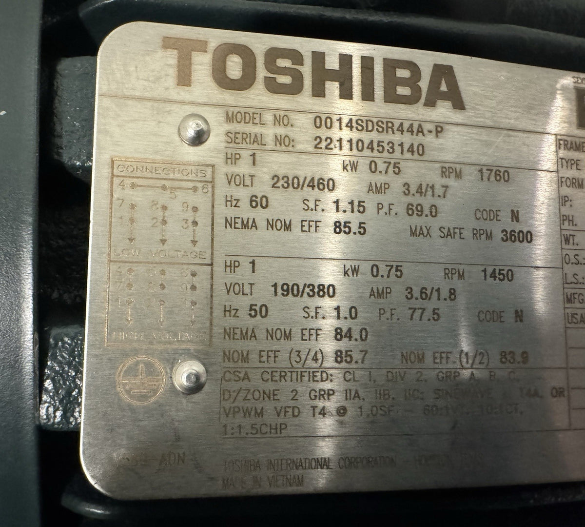 Toshiba 0014SDSR44A-P Motor 1HP 230/460V C-Face NEW! SHIPS FREE!