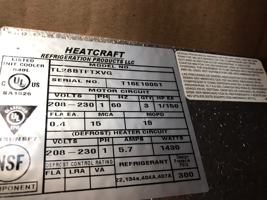 Heatcraft Thin Profile Reach-In Unit Cooler  TL28BTFTXVG NEW