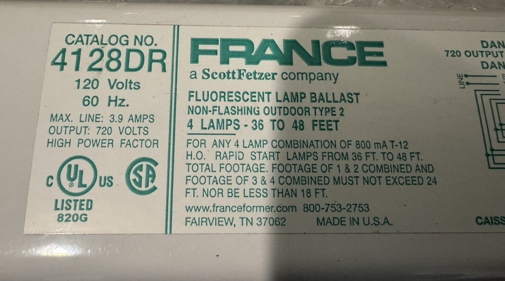 France 4128DR Sign Ballast Fluorescent 120V 800 mA T-12 NEW IN BOX! SHIPS FREE!