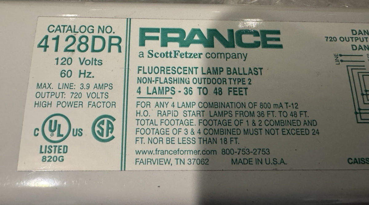 France 4128DR Sign Ballast Fluorescent 120V 800 mA T-12 NEW IN BOX! SHIPS FREE!