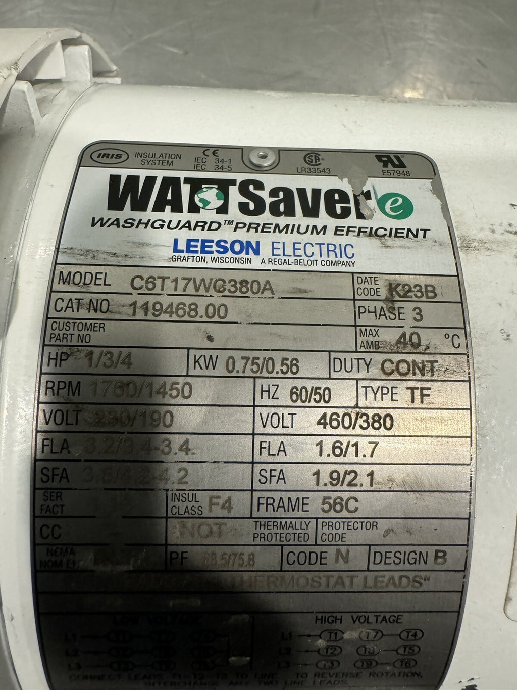 Leeson 119468.00 Washdown Motor HP 1/3/4 1760/1450 RPM CST17W380A NEW SHIPS FREE