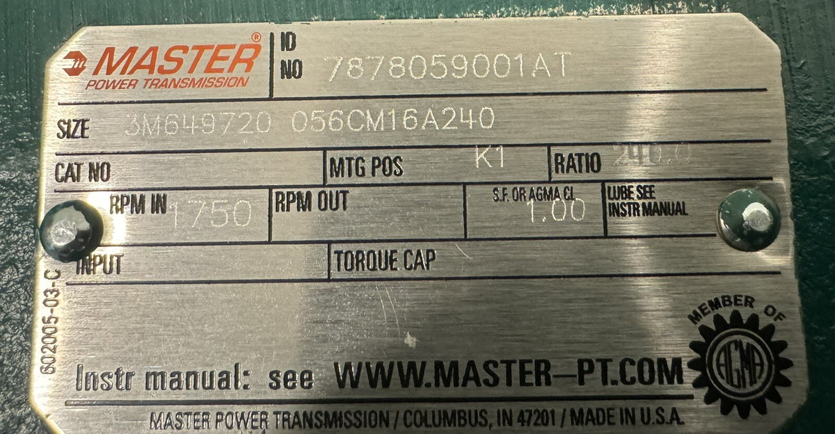 Master Power Transmission 3M649720 056CM16A240 Gear Reducer 7878059001AT NEW!