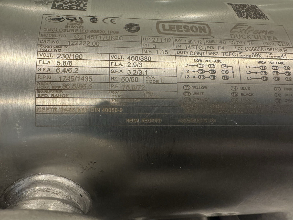 Leeson 122222.00 Stainless Washdown Motor CZ145T17UK2C NEW! FREE SHIPPING!