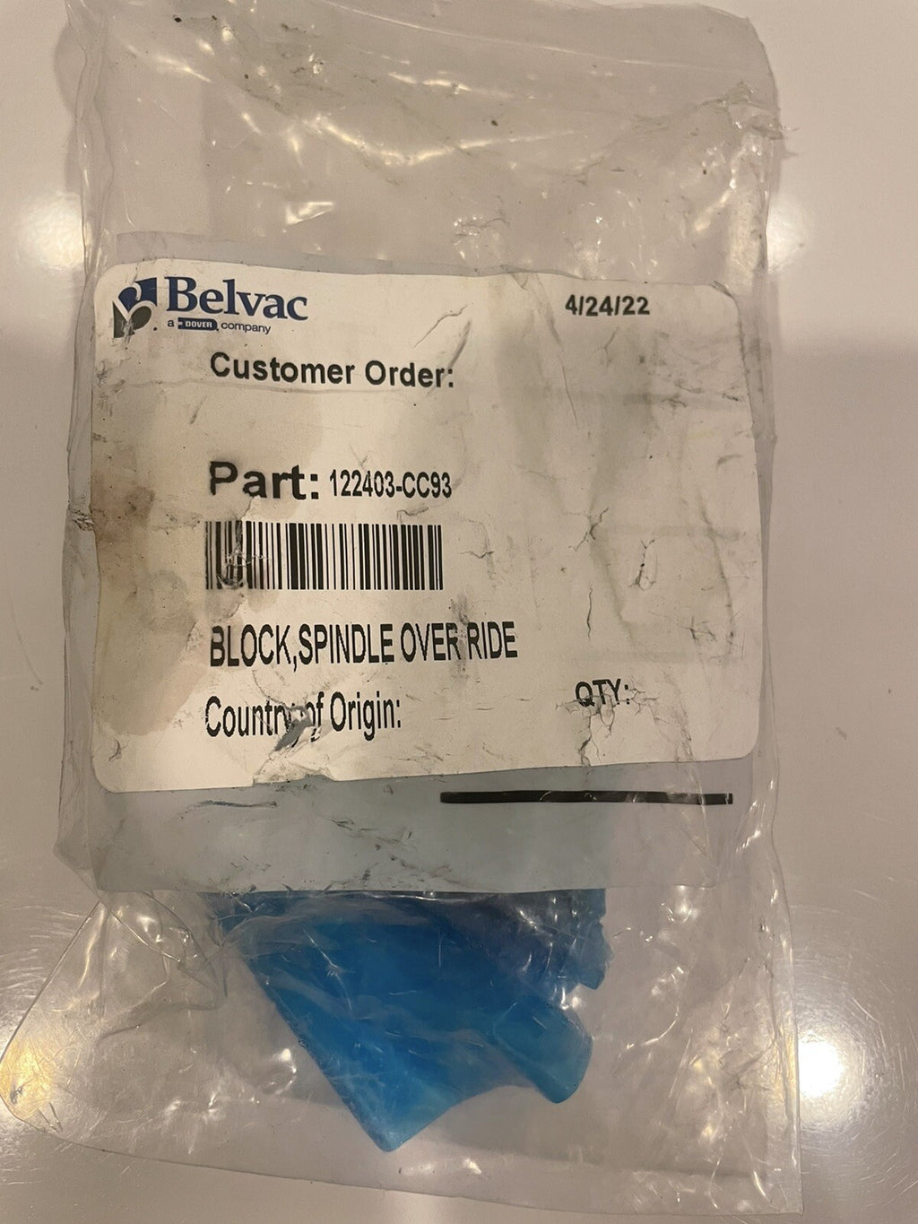 Belvac 122403-CC93 Block Spindle Over Ride NEW! FREE SHIPPING!