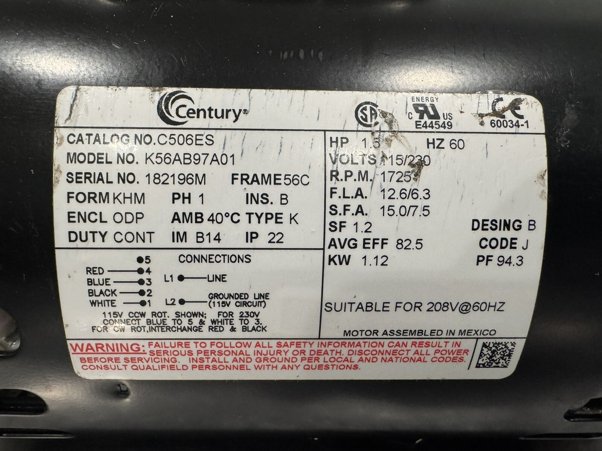 Century C506ES 1.5HP 115/208-230V 1PH 1725/1425 RPM Motor K56AB97A01 NEW IN BOX!