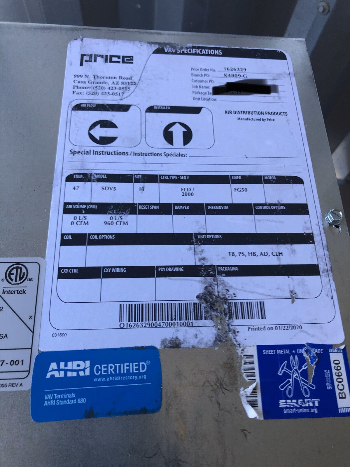 Price SDV5-003 10” Single Duct Terminal Unit SDV5 870 CFM NEW! FREE SHIPPING!