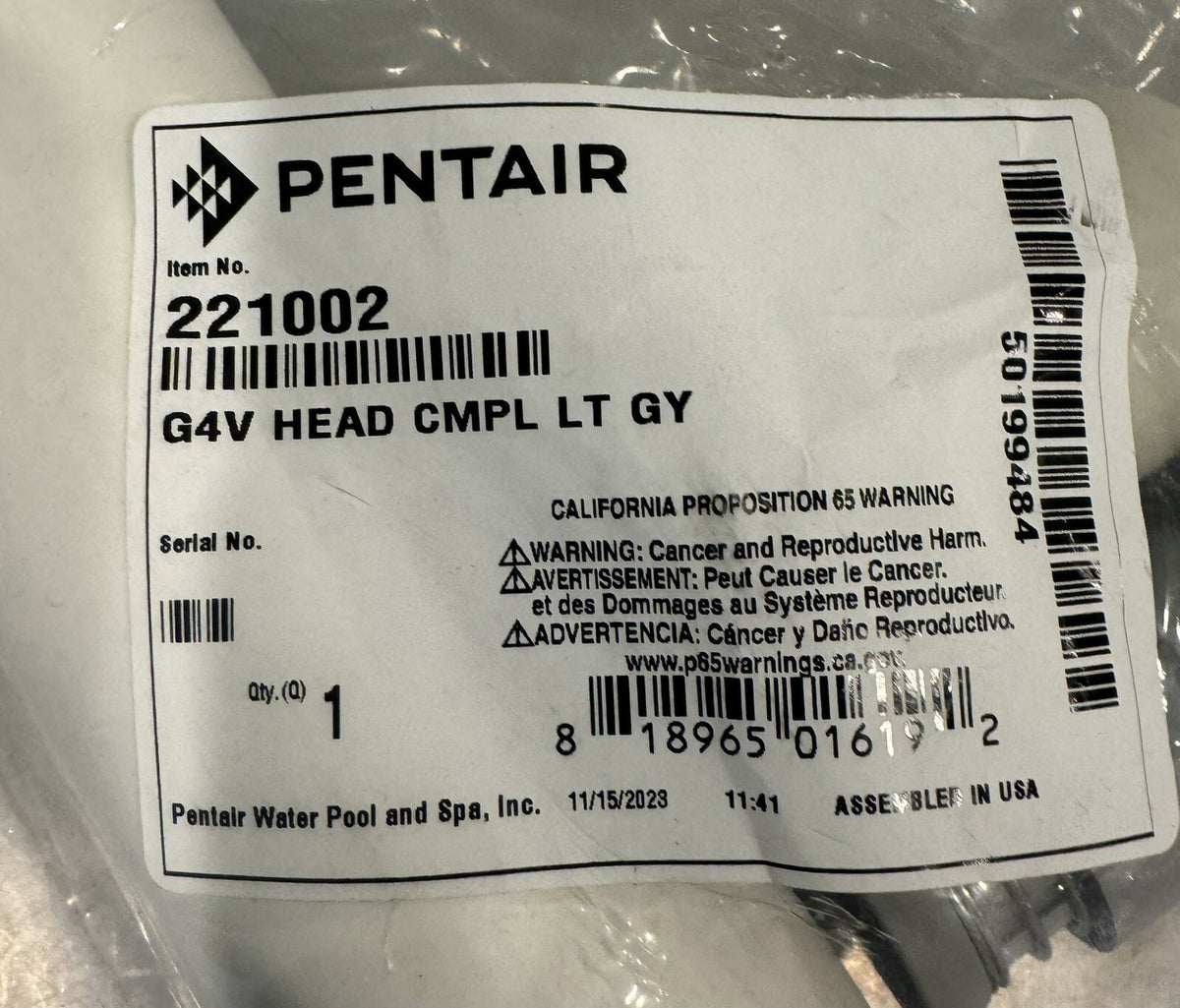 Pentair 221002 G4V Complete Head Kit Gray NEW! FREE SHIPPING!