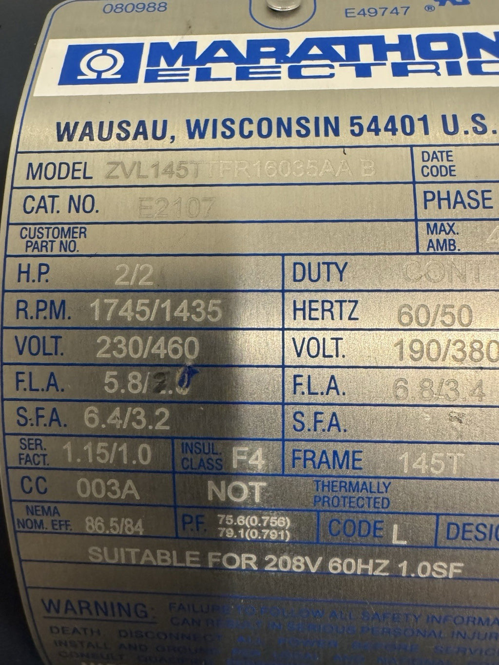 Marathon E2107 Leeson Motor 2/2HP 1745/1435 RPM 230/460V NEW! SHIPS FREE!