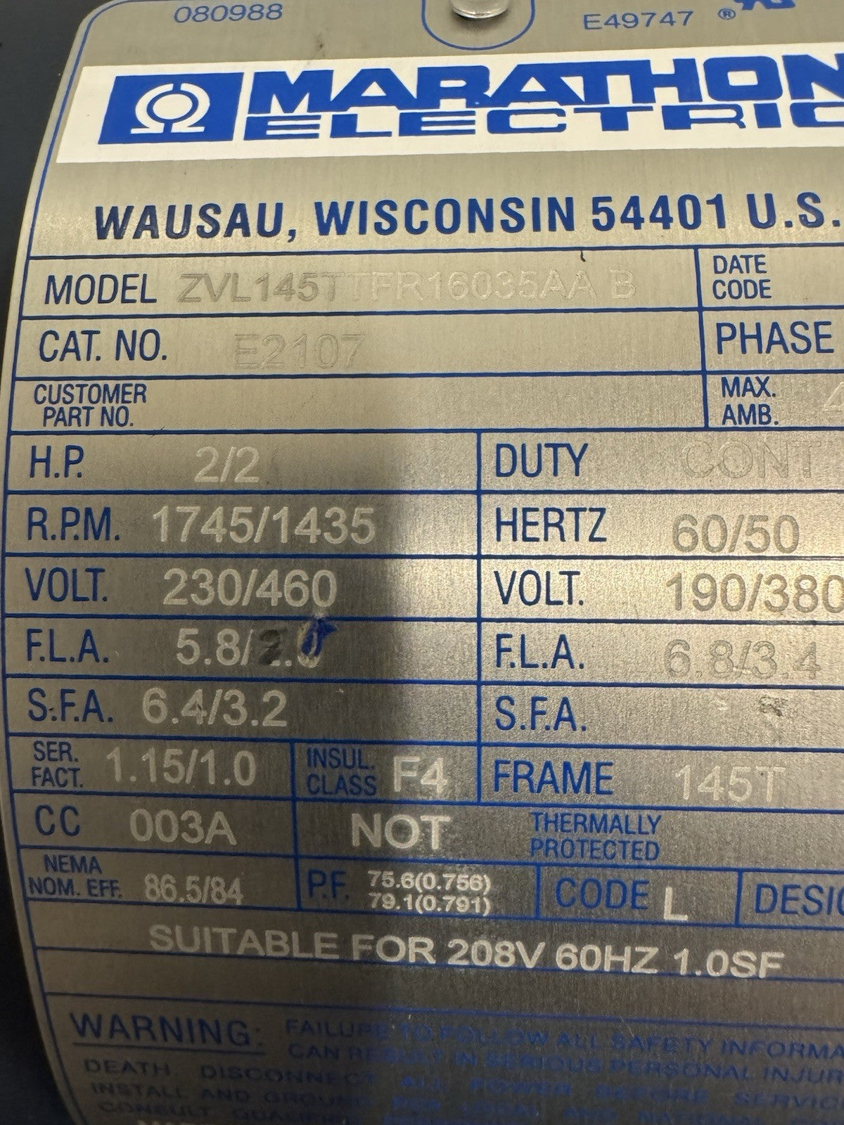 Marathon E2107 Leeson Motor 2/2HP 1745/1435 RPM 230/460V NEW! SHIPS FREE!