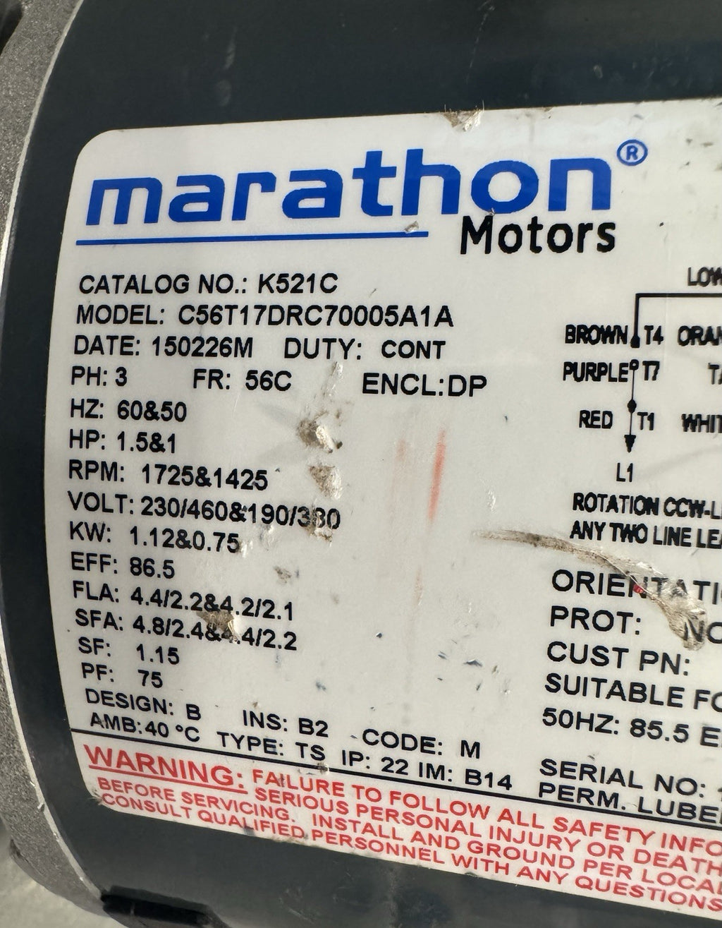 Marathon K521C Motor 1.5 & 1HP 1725 & 1425 RPM C56T17DRC70005A1A NEW! SHIPS FREE