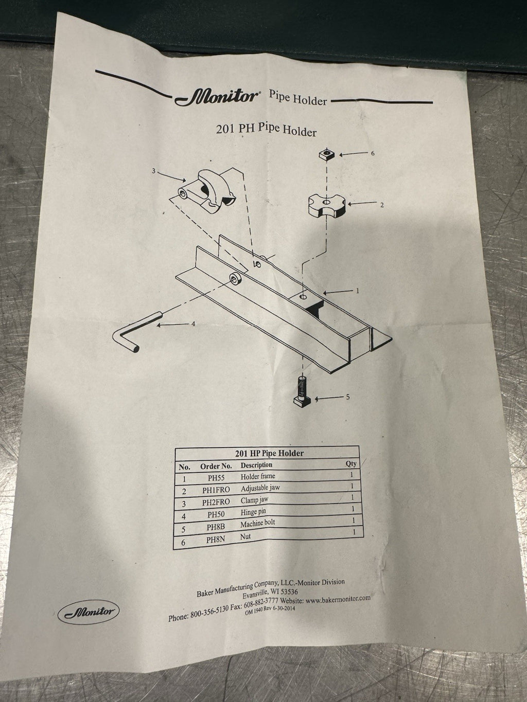 Monitor 201PH Adjustable Pipe Holder Hinge Pin Clamp Jaw Drop Pipe NEW!
