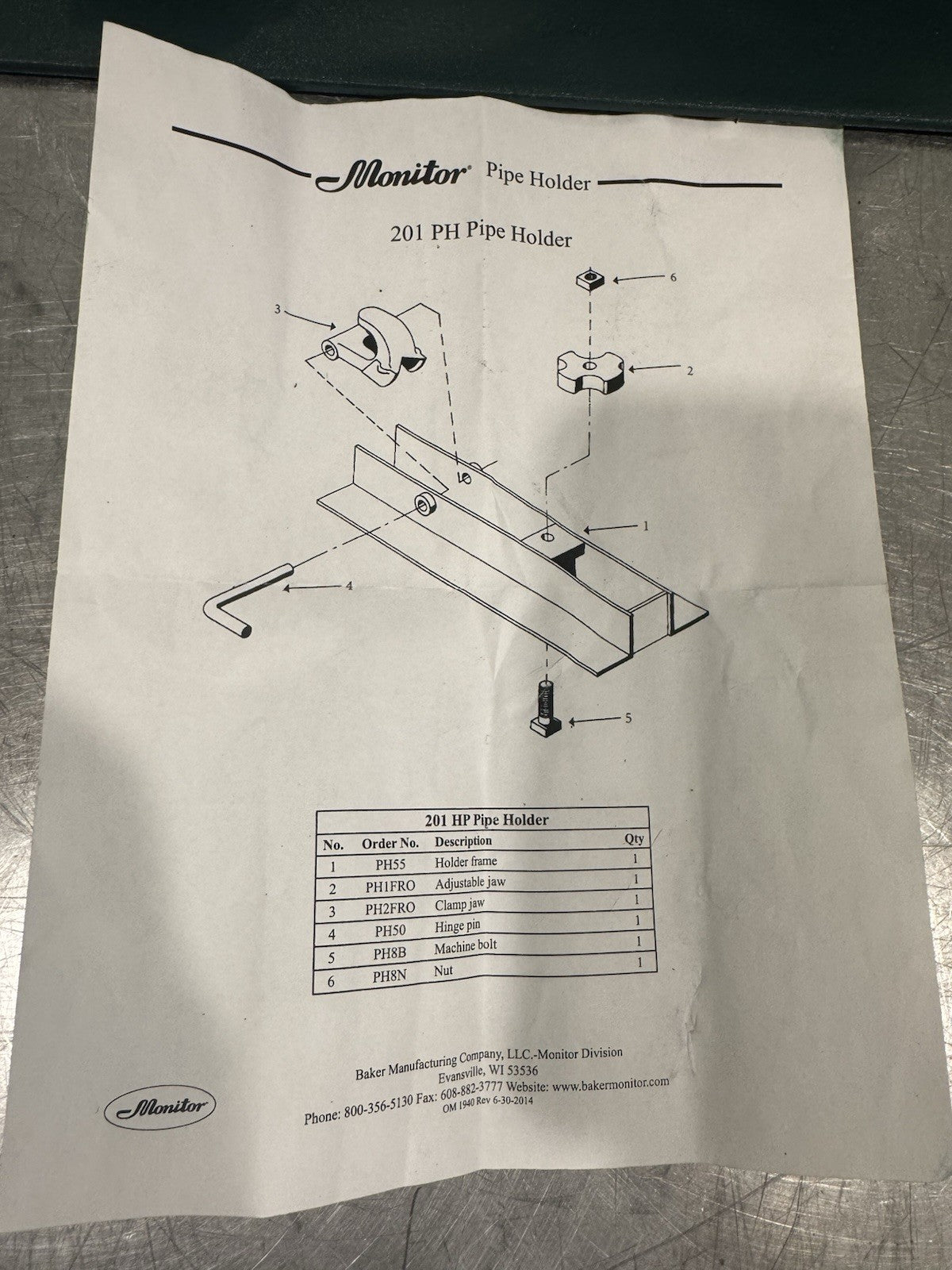 Monitor 201PH Adjustable Pipe Holder Hinge Pin Clamp Jaw Drop Pipe NEW!
