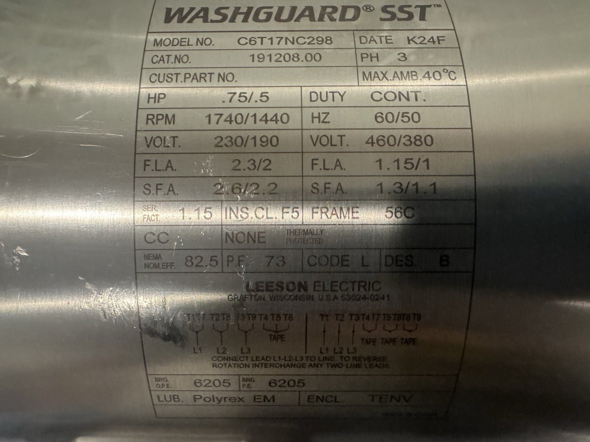 191208.00 Leeson Washguard SST Motor .75/.5HP 1740/1440 RPM 230/190V C6T17NC298 