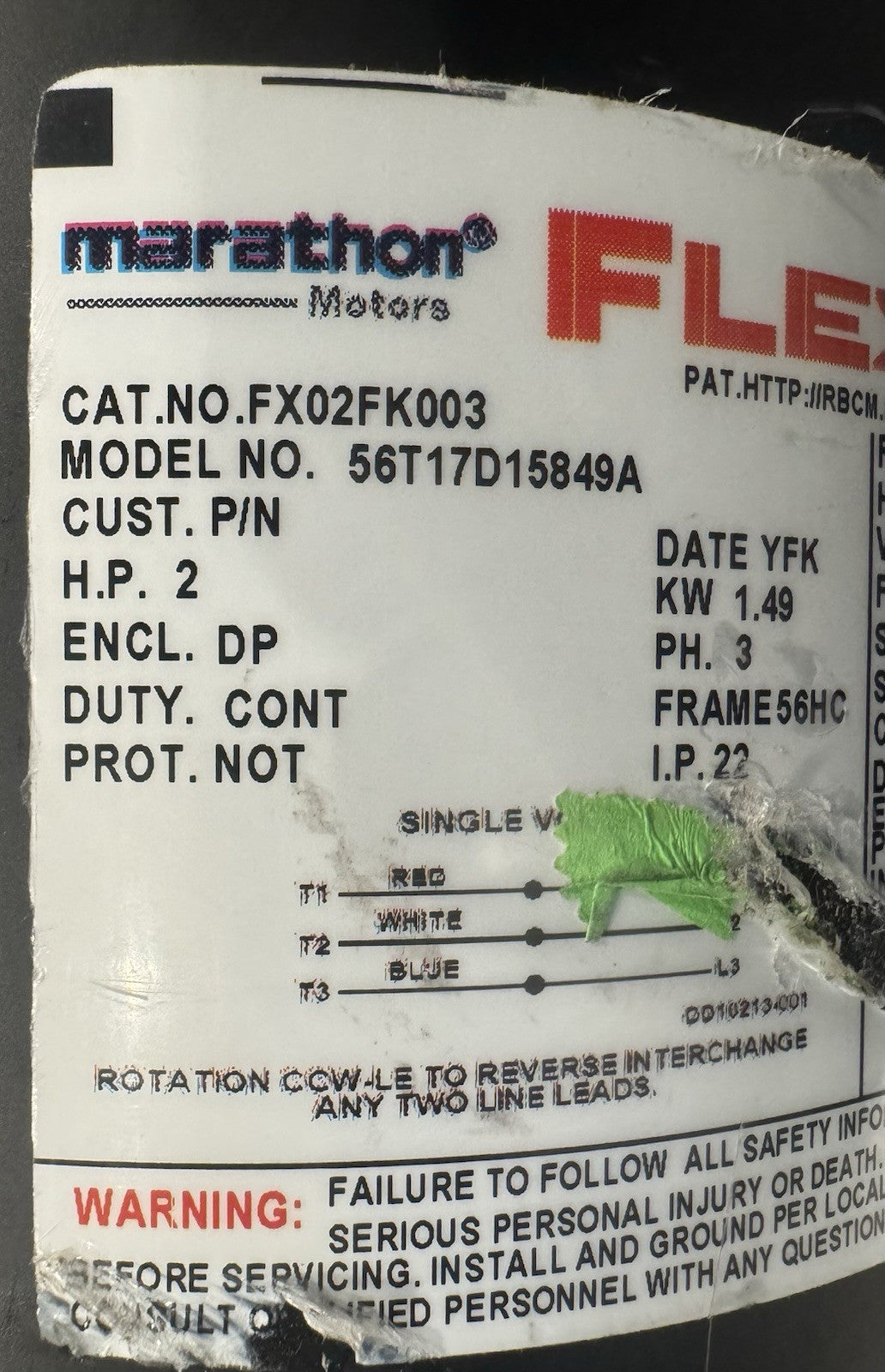 Marathon FX02FK003 Motor 2HP 1725 RPM 3PH FLEX-IN-1 NEW! FREE SHIPPING!