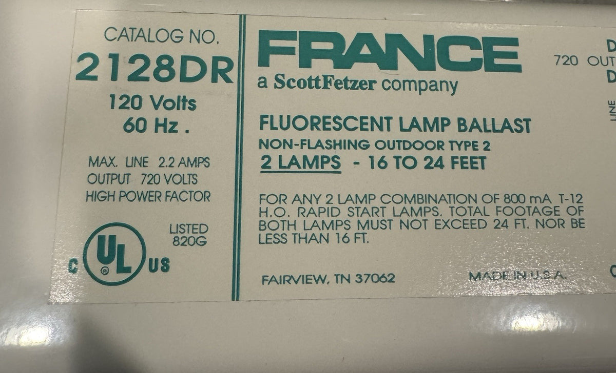 France 2128DR Sign Ballast Fluorescent 120V 800 mA T-12 NEW IN BOX! SHIPS FREE