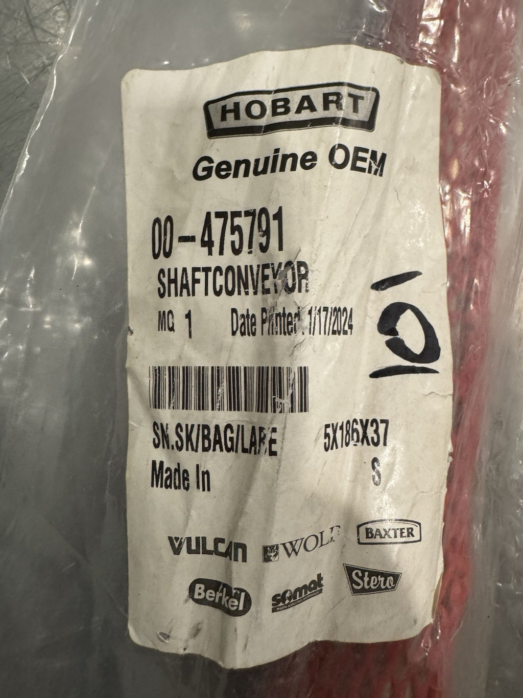 Hobart 00-475791 Conveyor Shaft Dishwasher Unload FT900S FT900 FT900SD NEW!