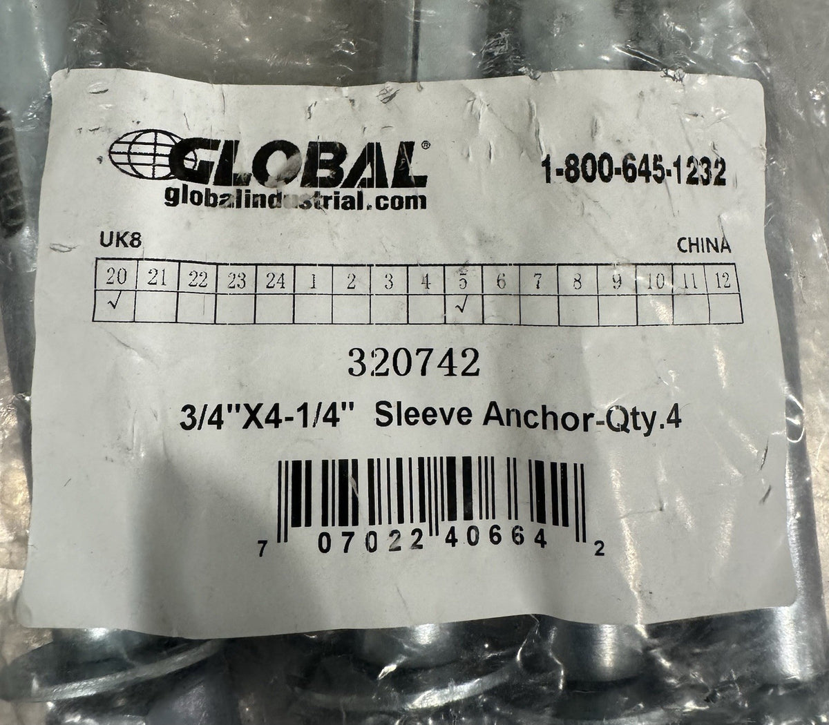 Global Industrial 320742 Sleeve Anchor 3/4” x 4-1/4” PACK OF 4 NEW! SHIPS FREE!