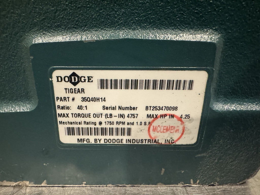 Dodge 35Q40H14 Tigear2 Right Angle Worm Gear Speed Reducer 40:1 NEW! SHIPS FREE!