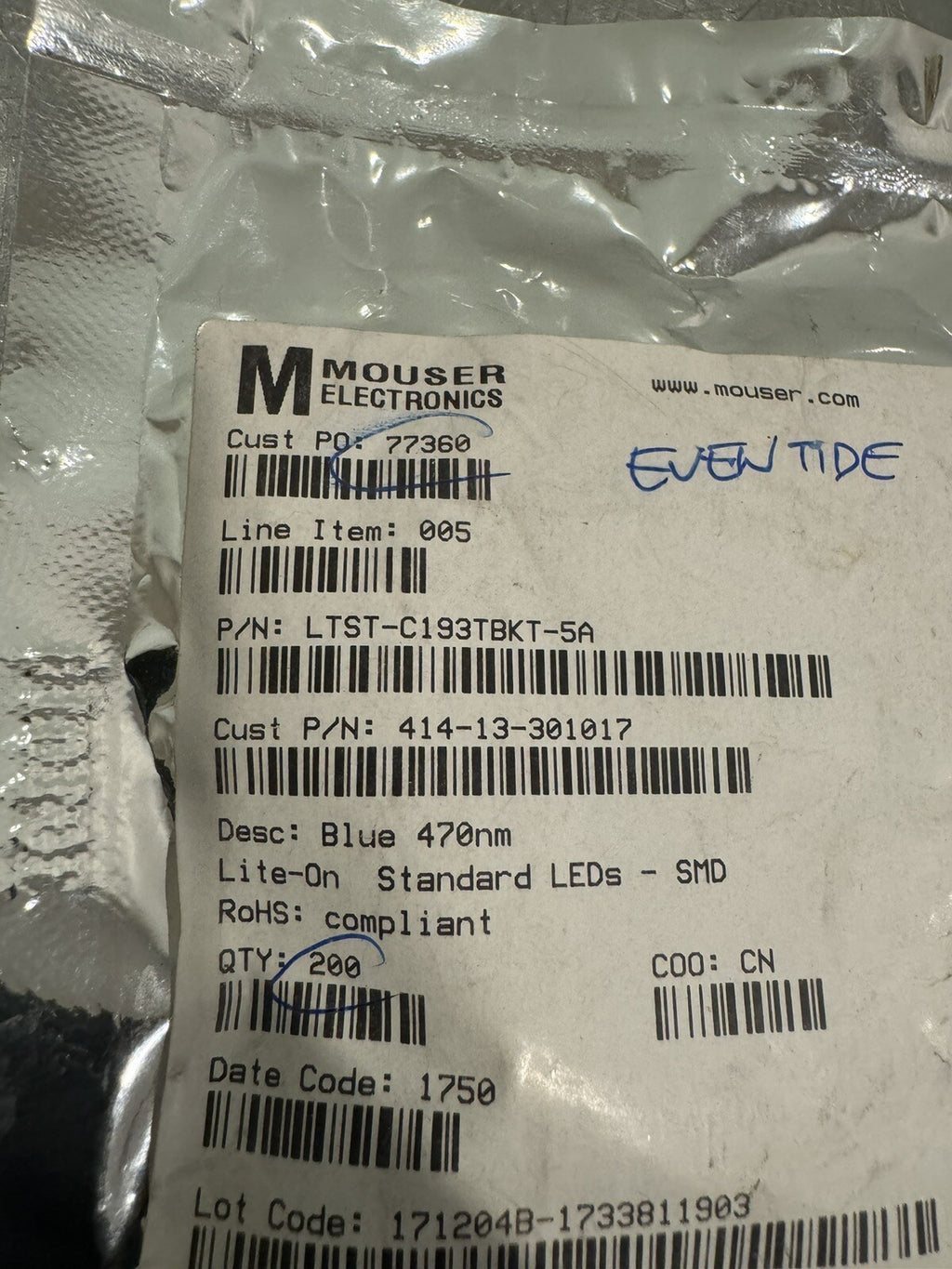 Mouser LTST-C193TBKT-5A Lite On Standard LED 200PACK NEW! FREE SHIPPING!
