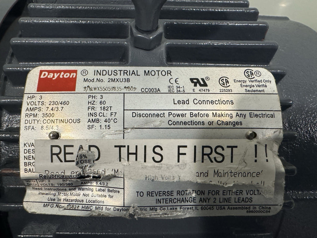 Dayton 2MXU3B Motor 3HP 230/460V 3500 RPM NEW! FREE SHIPPING!