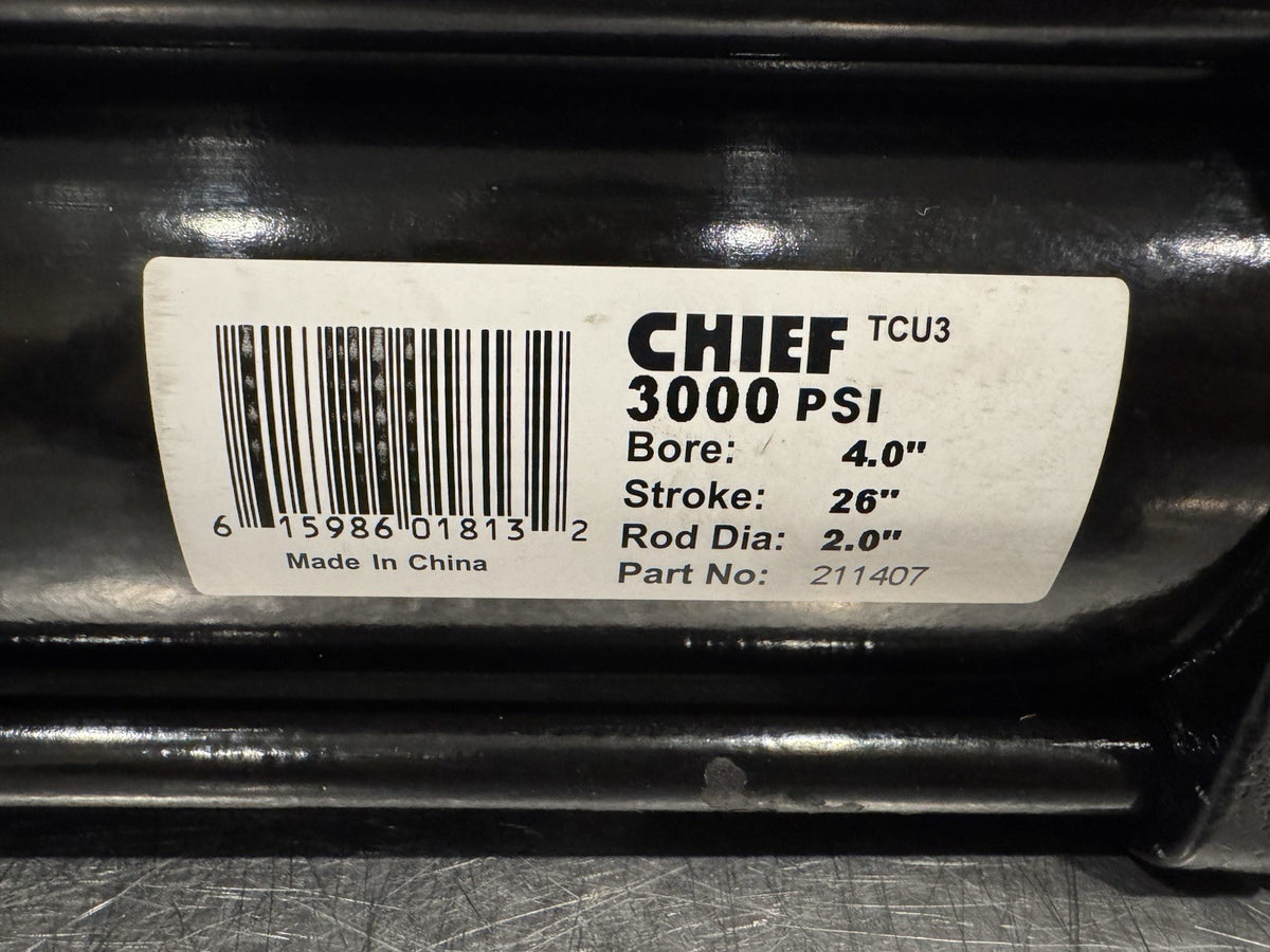 Chief 211407 Hydraulic Cylinder 4” Bore 26” Stroke 2” Rod 3000 PSI NEW!