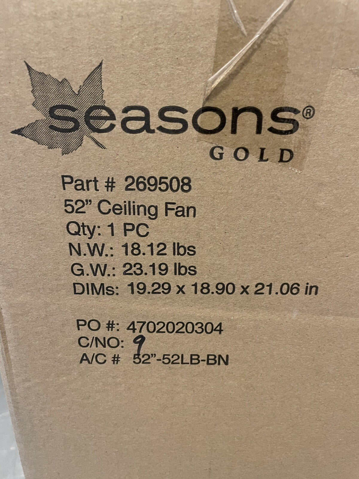 Seasons 269508 Bonita Ceiling Fan 52” W/ Light NEW! FREE SHIPPING!