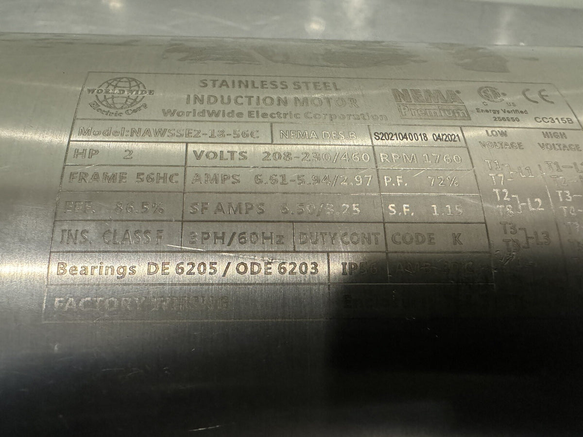 Worldwide Electric NAWSSE2-18-56C Washdown Motor Stainless 2HP 208-230/460V NEW!