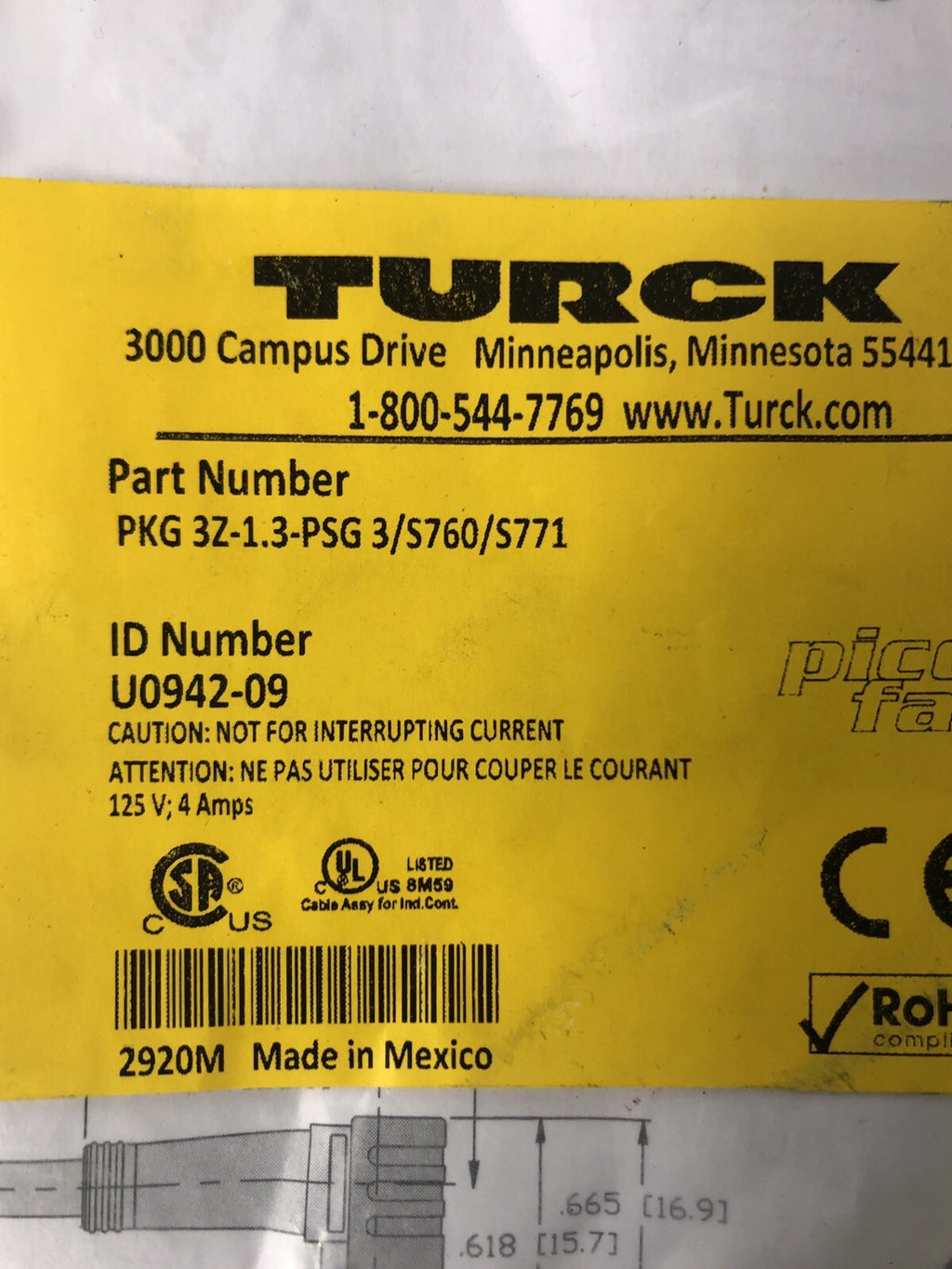 Turck U0942-09 Connector PKG 3Z-1.3-PSG 3/S760/S771 NEW! FREE SHIPPING!!