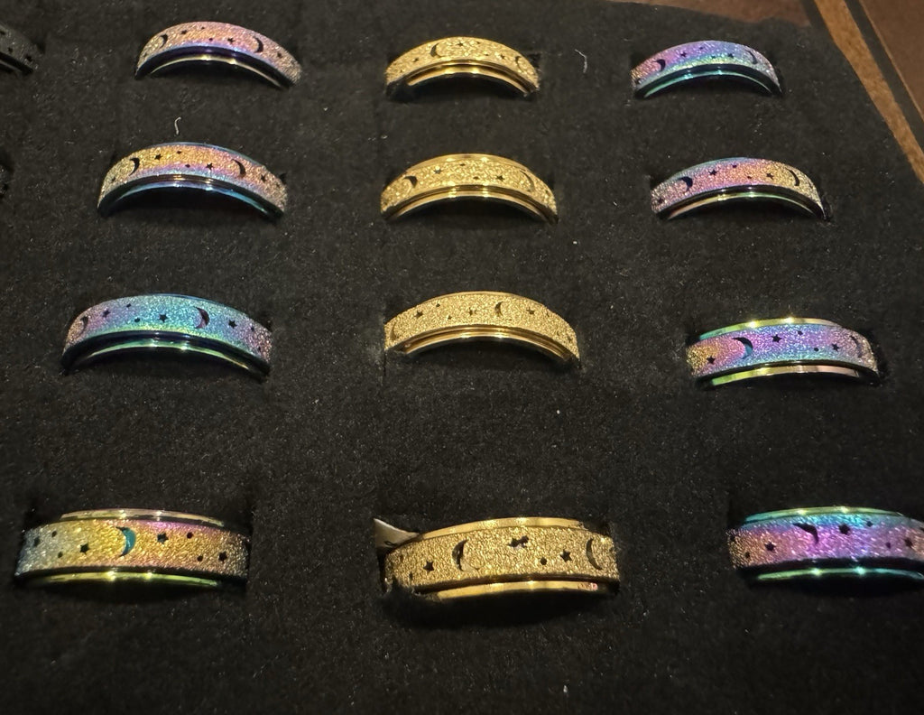Puka Creations Titanium Steel Rings Stars Moon Middle Spins 72 PACK NEW!
