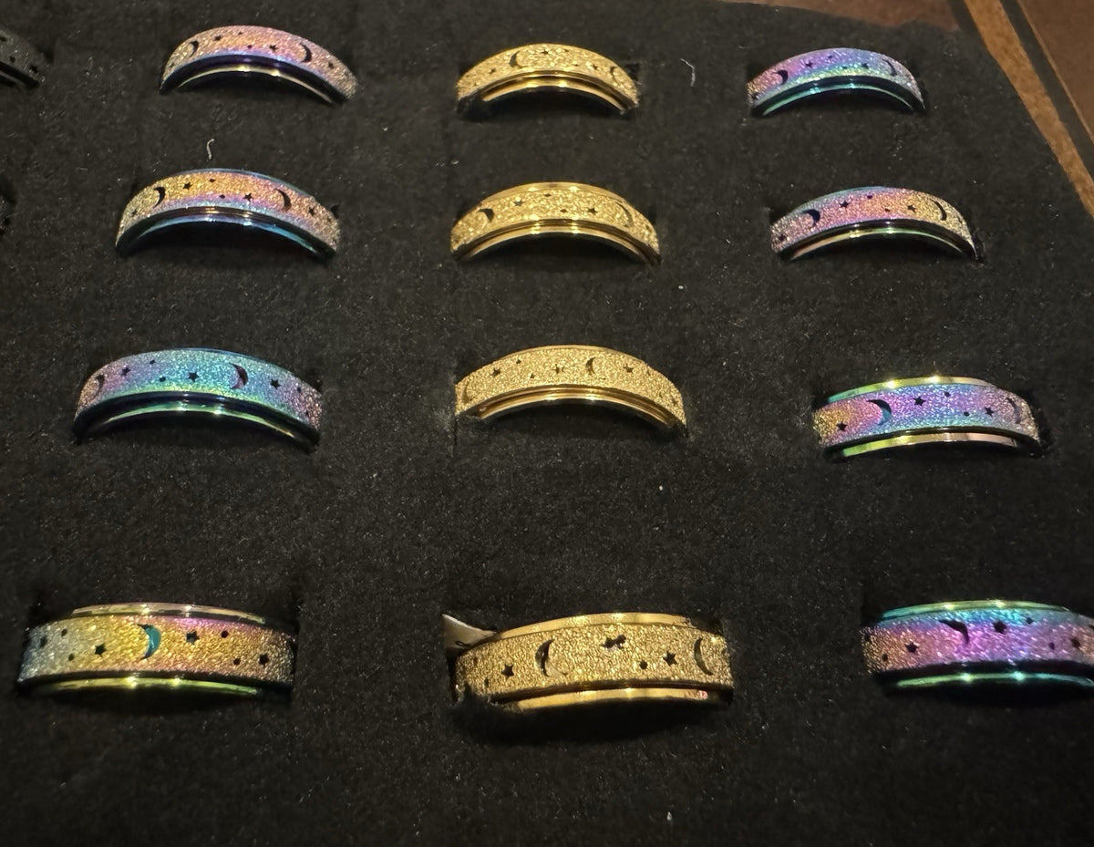 Puka Creations Titanium Steel Rings Stars Moon Middle Spins 72 PACK NEW!