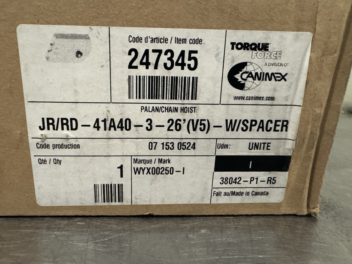 Canimex JR/RD-41A40-3-26'(V5)-W/Spacer Rolling Sheet Door Chain Hoist 247345 NEW
