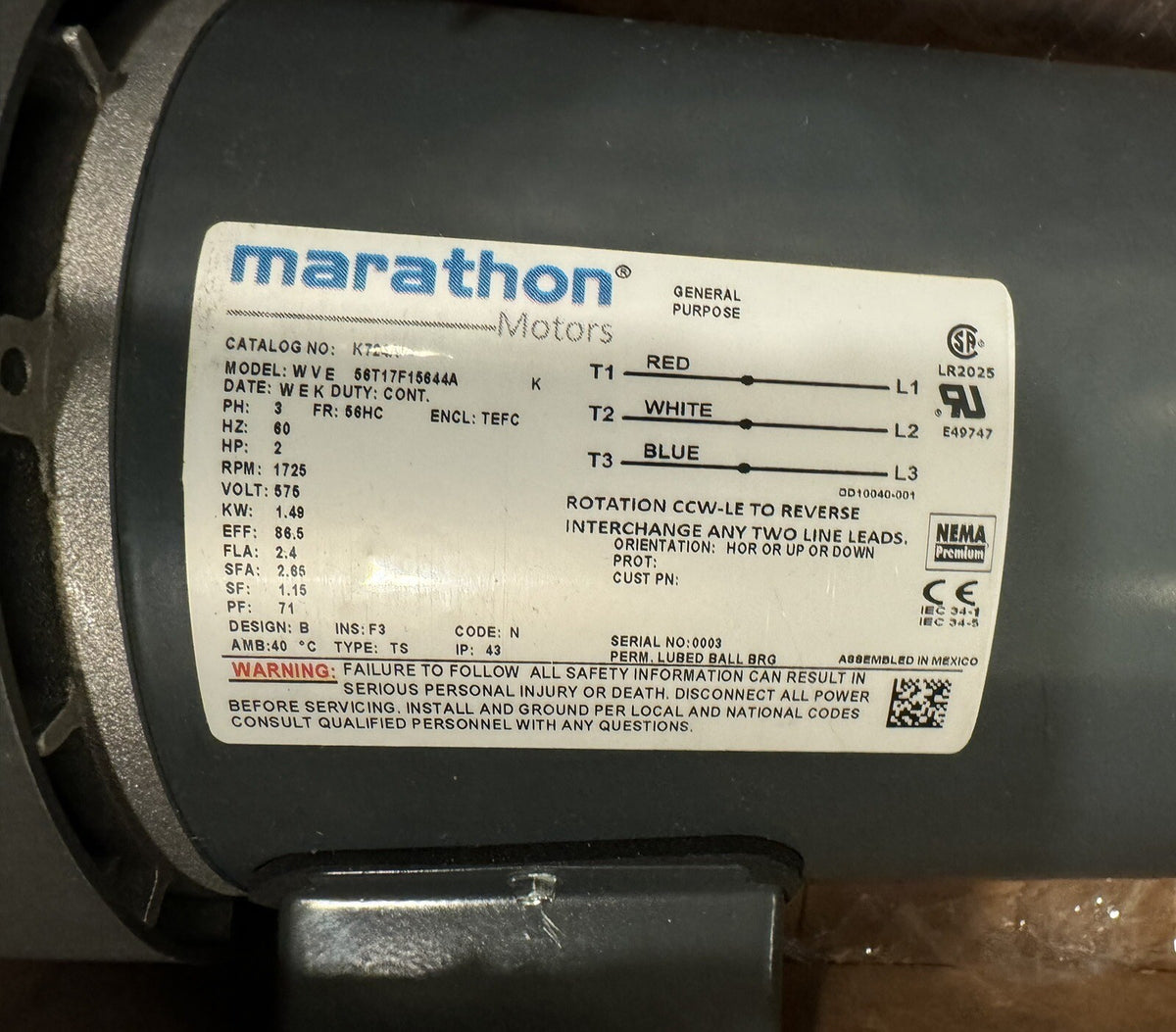 Marathon 056T17F15644 Motor 2 HP 1725 RPM 3PH NEW IN BOX! FREE SHIPPING!