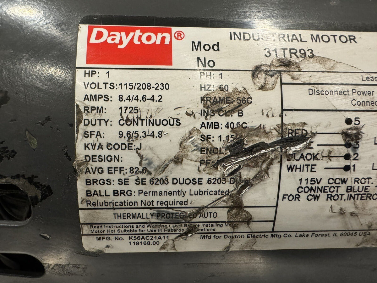 Dayton 31TR93 Motor 1HP 115/208-230V 1PH 1725 RPM NEW! FREE SHIPPING!