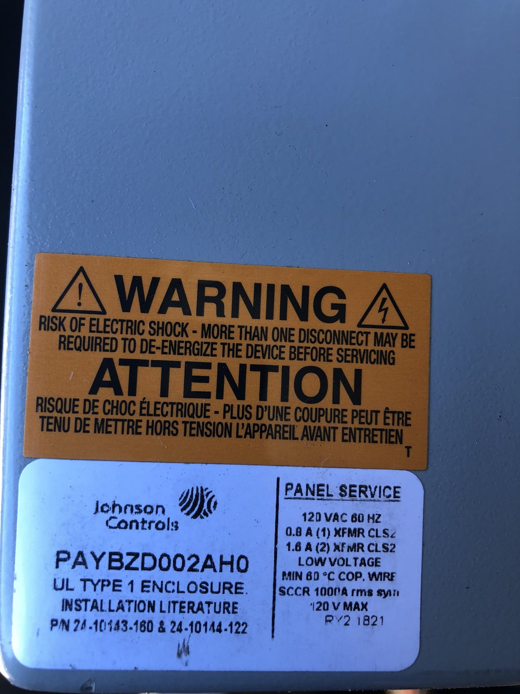 Johnson Controls PAYBZD002AH0 Energy Equipment Control Panel Enclosure NEW