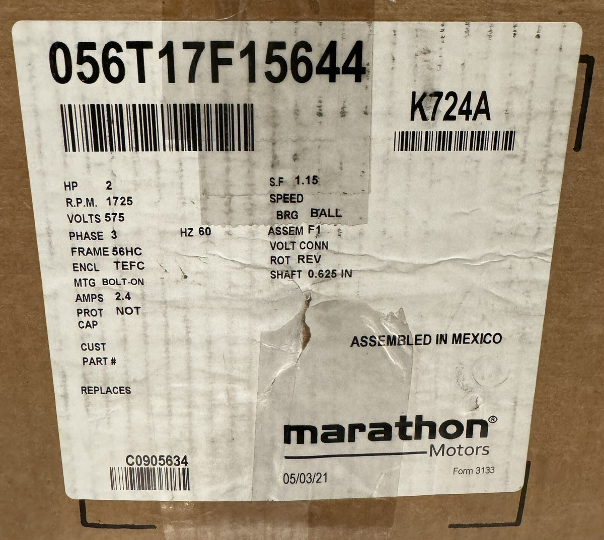 Marathon 056T17F15644 Motor 2 HP 1725 RPM 3PH NEW IN BOX! FREE SHIPPING!