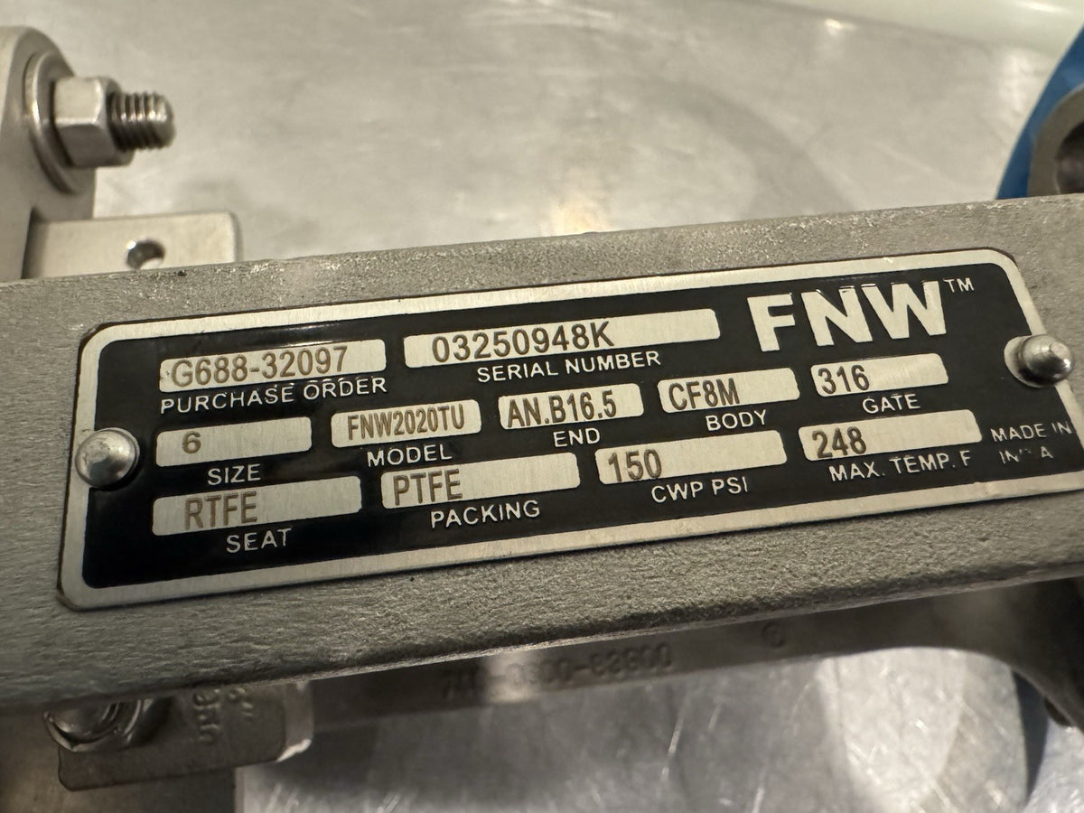 FNW 2020TU 6" Slide Gate Knife Valve CF8M Body 316 Gate RTFE Seat PTFE Packing