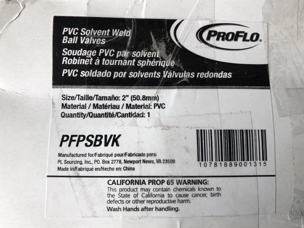 Pro Flo PFPSBVK PVC Ball Valve 2” NEW