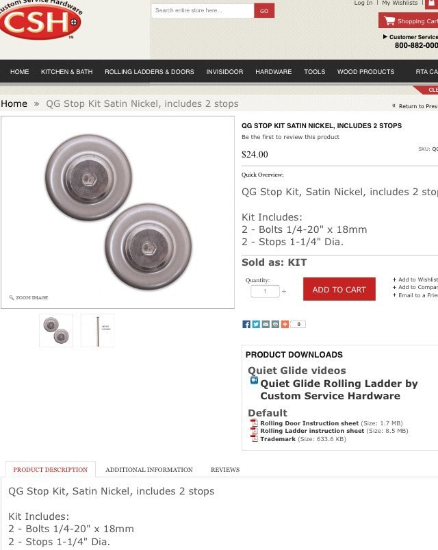 Ladder Parts Quiet Glide Stop Kit (2 Stops Per Kit) Part# QG.40.02 Satin Nickel
