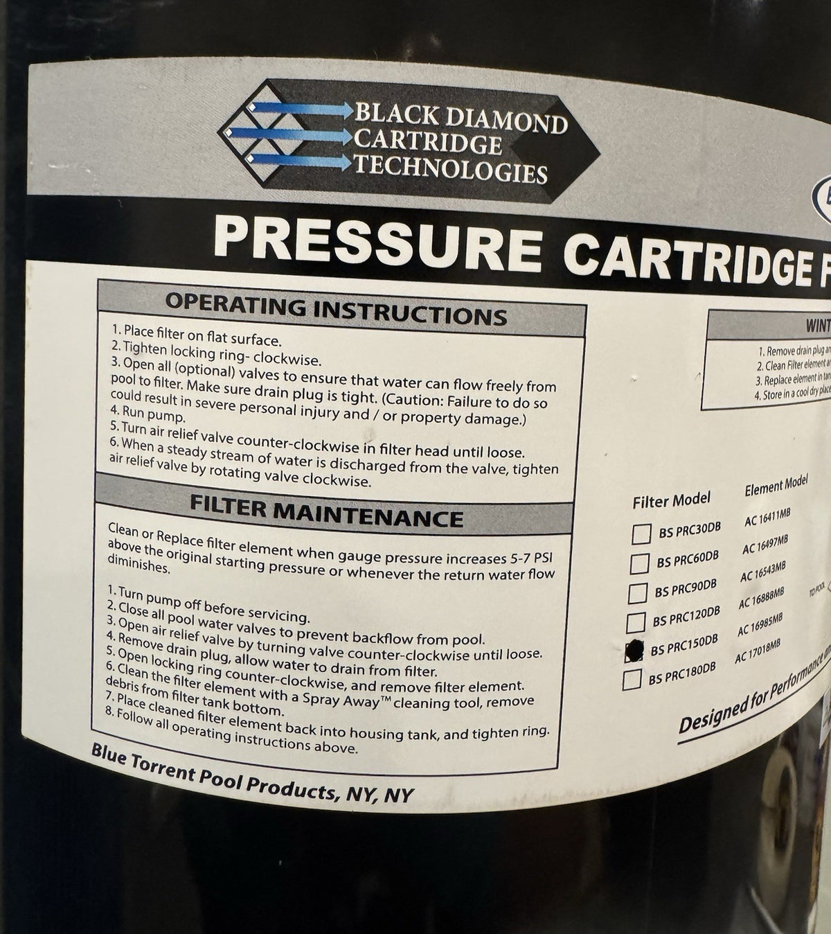 Black Diamond BS PRC150DB Cartridge Filter Element BOX 1of2 NO BASE!NEW IN BOX! 