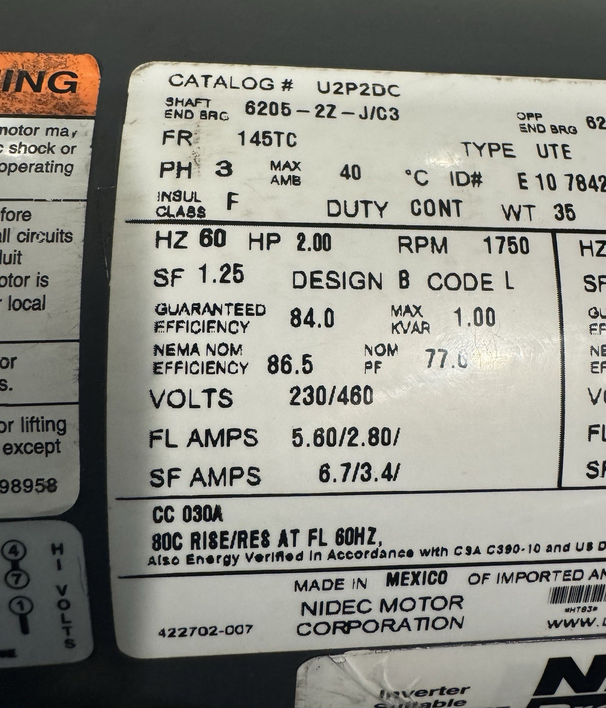 Nidec U2P2DC 2HP 208-230/460V 1800 RPM 3PH Motor NEW! FREE SHIPPING!